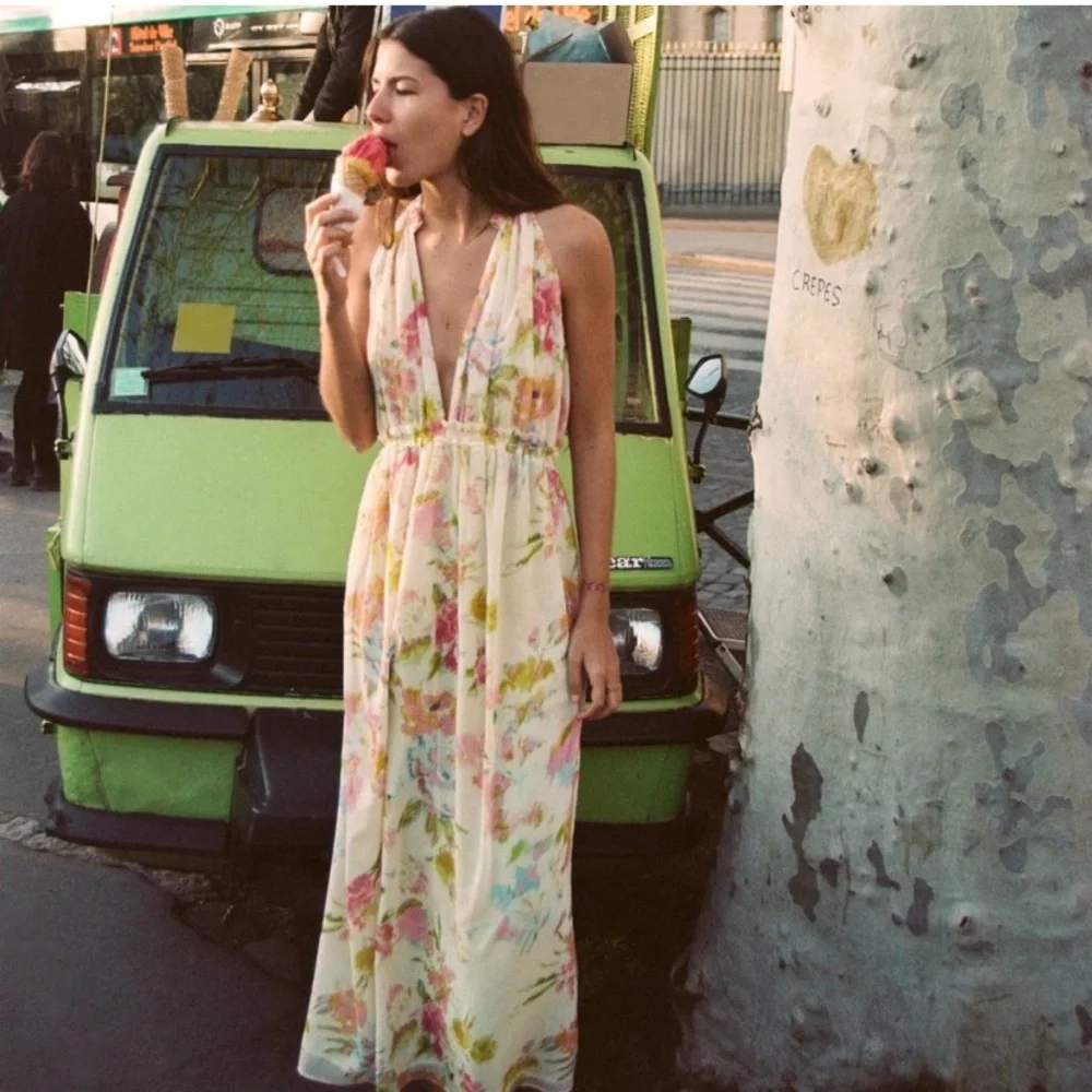 Zara Creampink long floral dress. Small 3204/168 EUC OUNK BEIGE - Picture 2 of 13